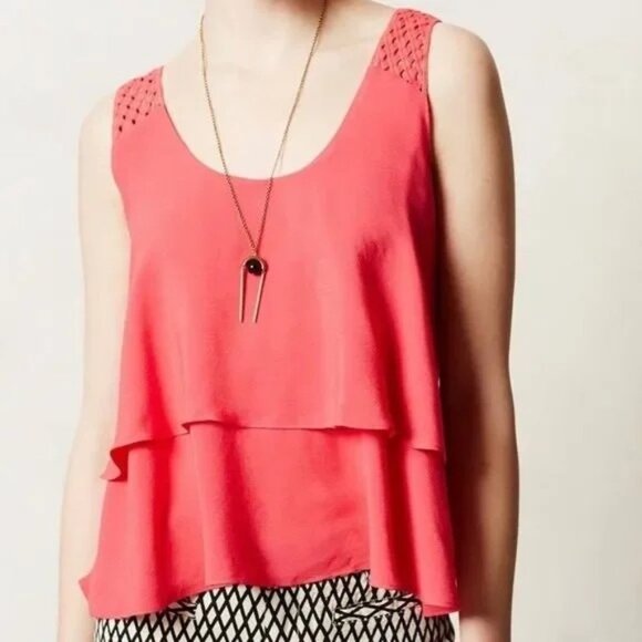 Anthropologie HD in Paris Women's Pink Short Tank Top Blouse Size 4 Tiered Lace - Picture 1 of 8